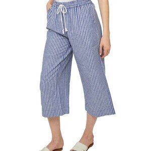 Beach Lunch Lounge Linen Blend Navy Striped Wide Leg Elastic Waist Pants Size Me